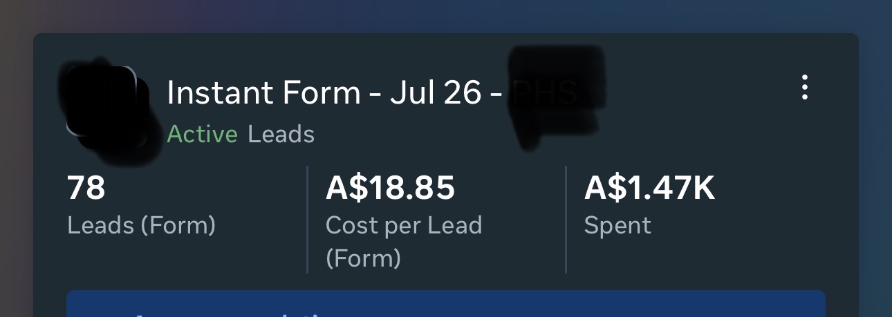 Ad account results: 78 leads in July at $18.85 per lead