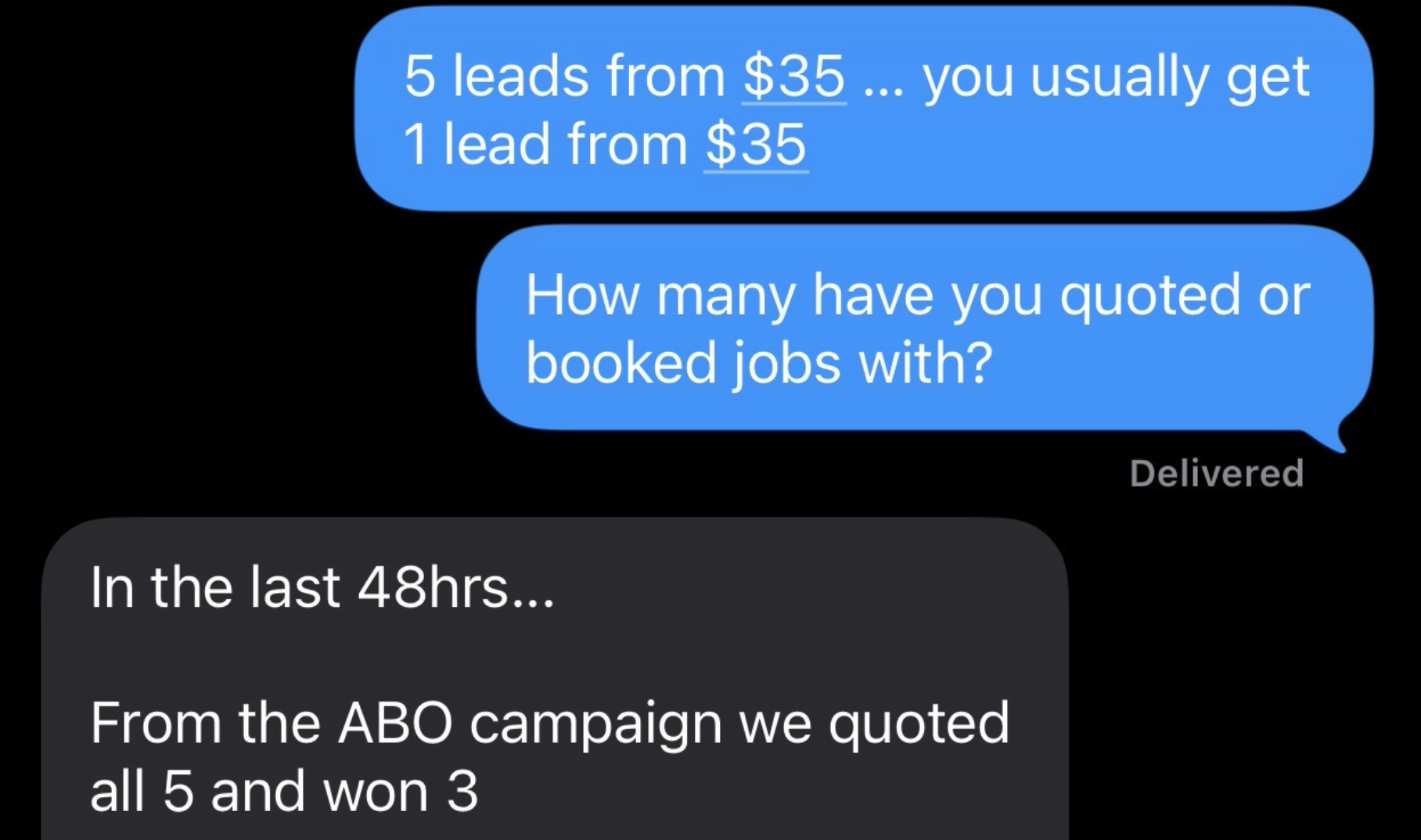 Client message: five leads from $35 in spend, quoted all five and won three in the last 48 hours