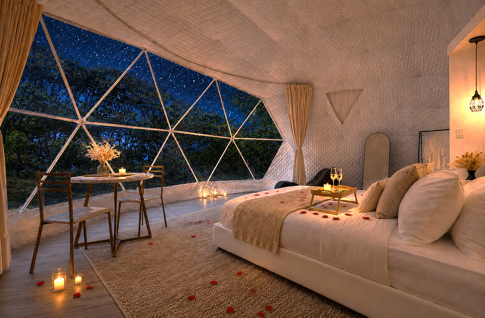 King bed with candles inside the dome