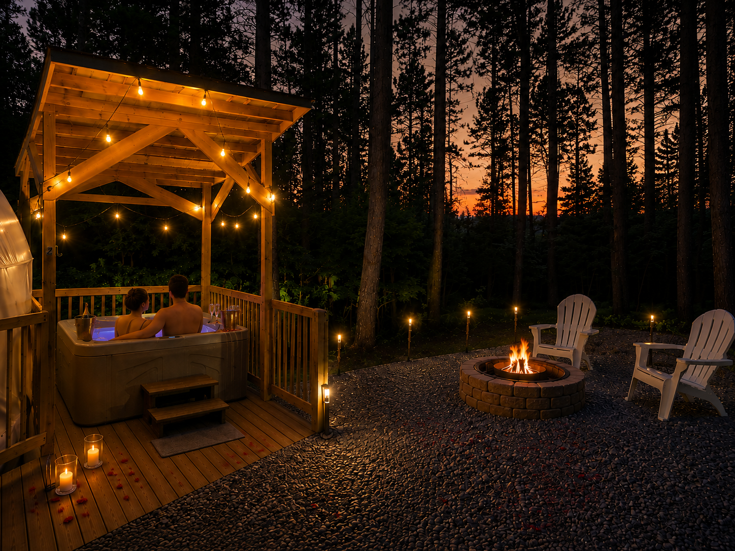 Champagne in the hot tub as the sky turns golden.