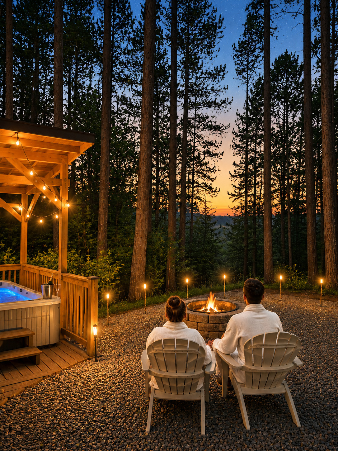 The fire pit lit as the stars come out.