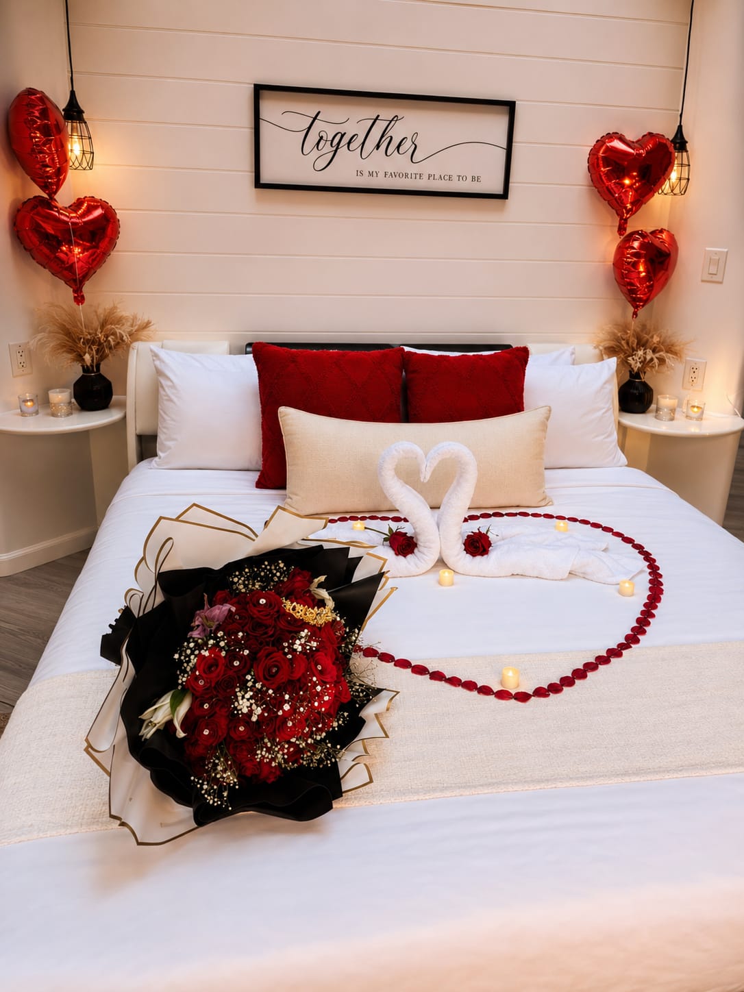 Luxury proposal setup inside the dome with rose petals, candles and flowers