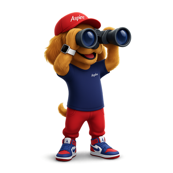 Duke, the Aspire mascot, searching through binoculars for the missing page