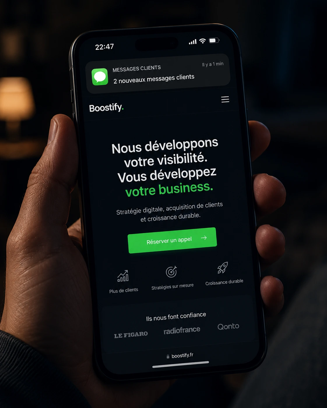Interface mobile d'un site web professionnel optimisé pour entrepreneur au Québec