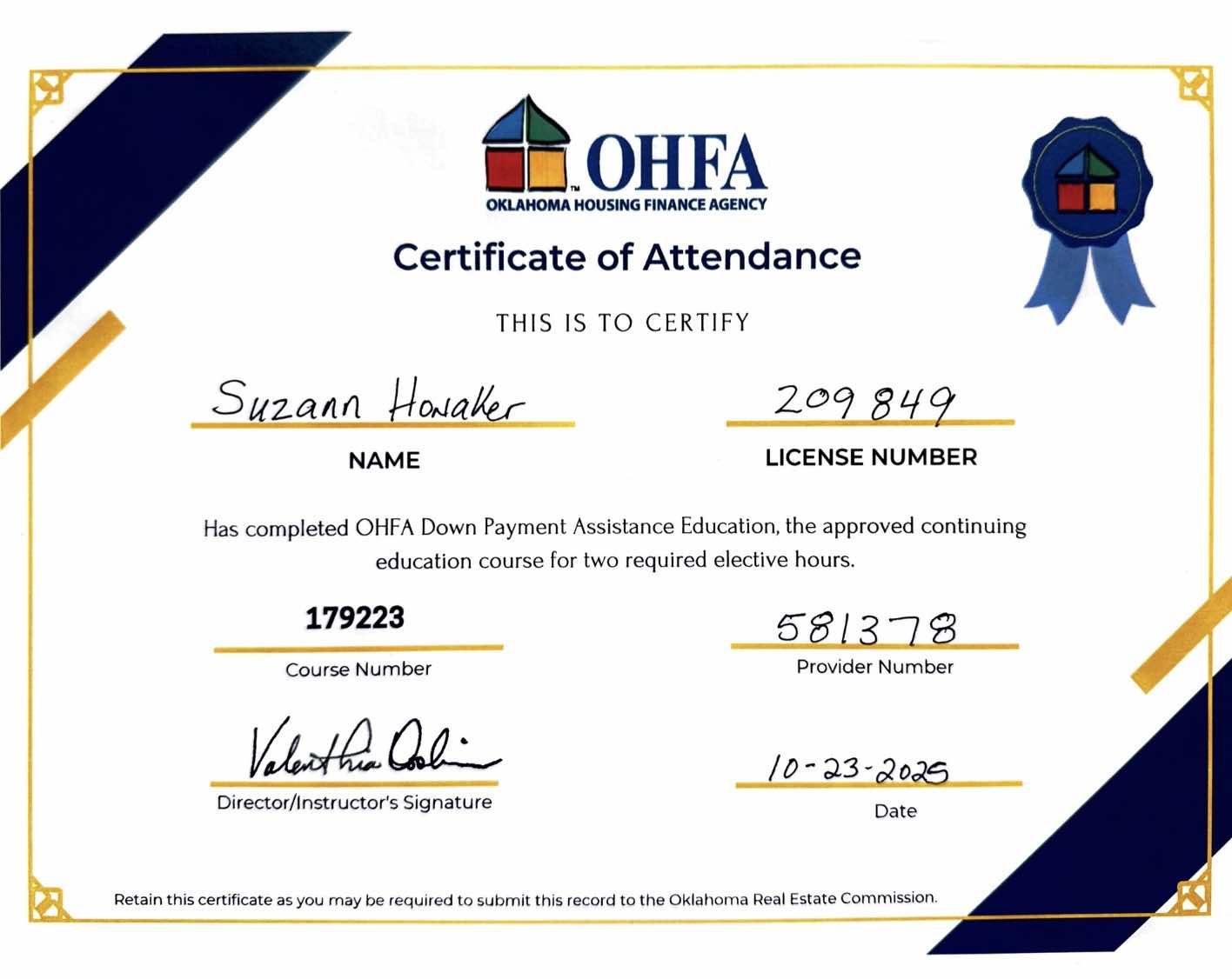 Susan Honaker OHFA Blue Ribbon Real Estate Agent Certification