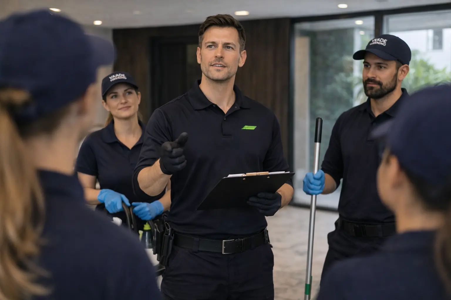 VADE CLEANING professional cleaner in black uniform with neon green trim