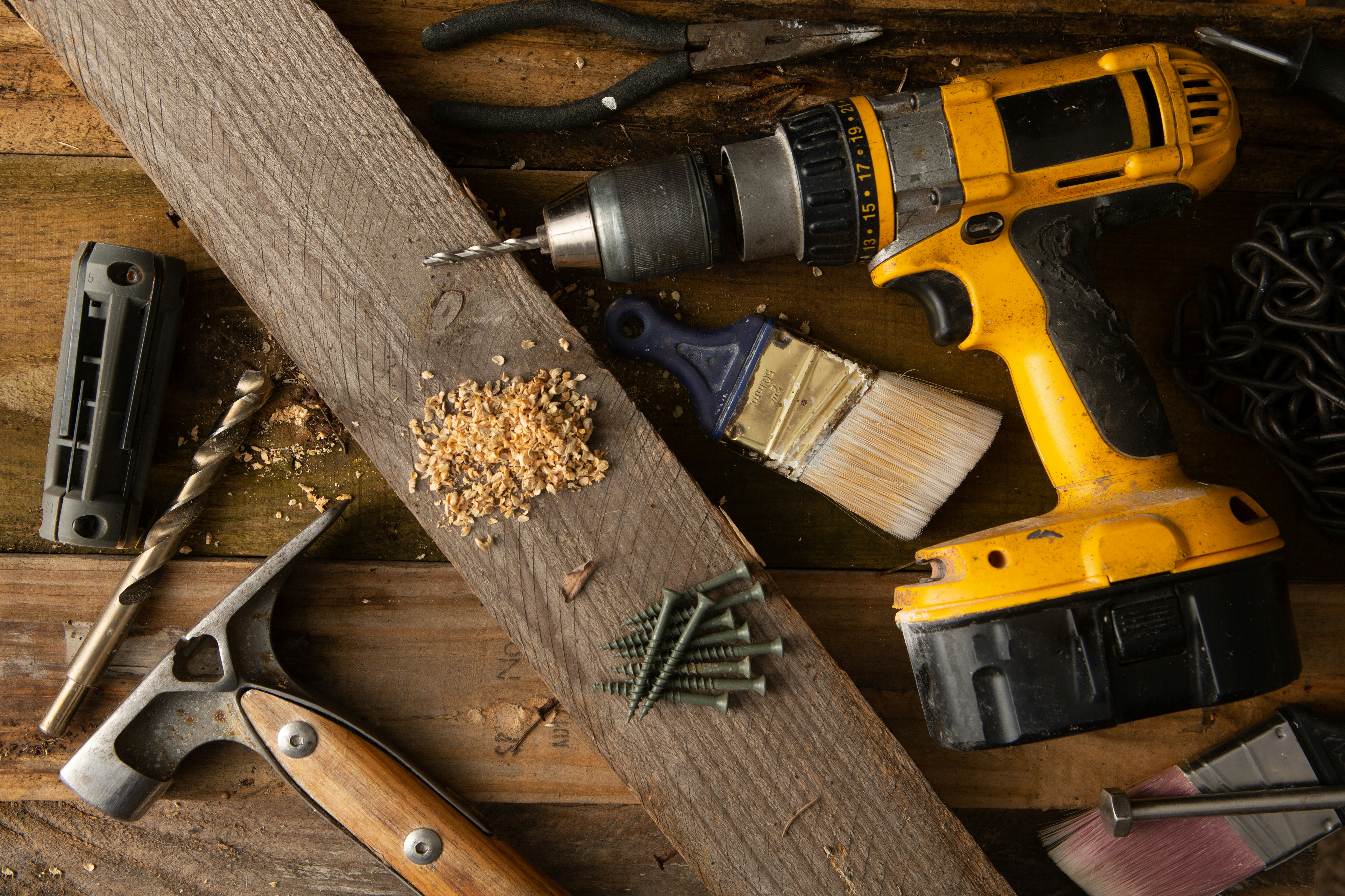 Wood and tools laid on table
