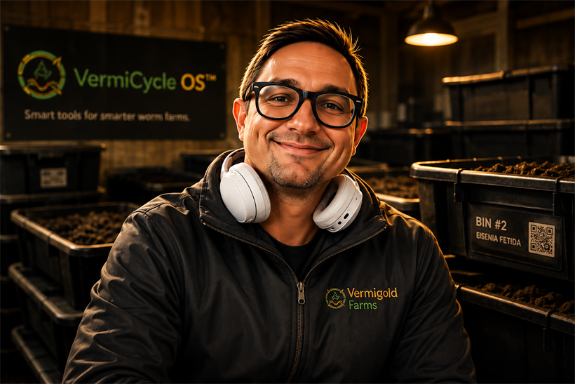 Jeffrey, founder of VermiCycle OS, among worm bins at Vermigold Farms