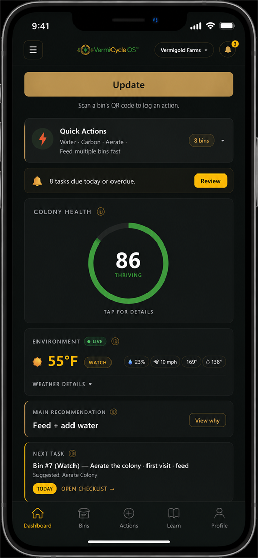 VermiCycle OS app: colony health, live environment, and the next recommended action