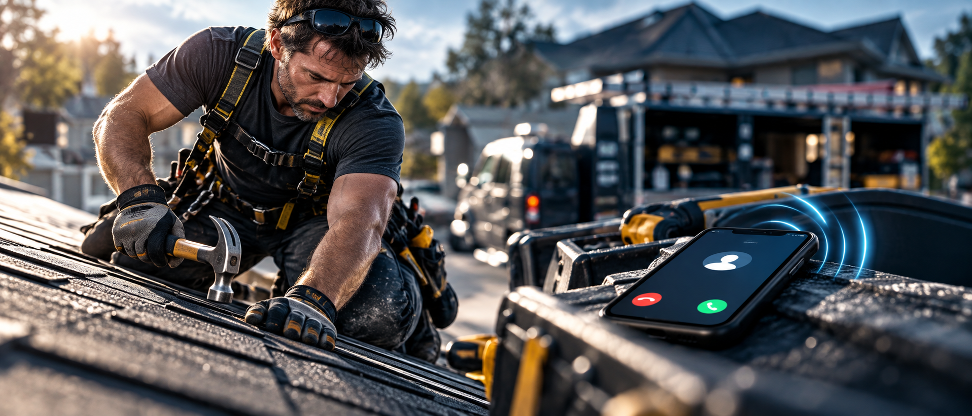A tradesman focused on a repair job while his phone rings unanswered nearby
