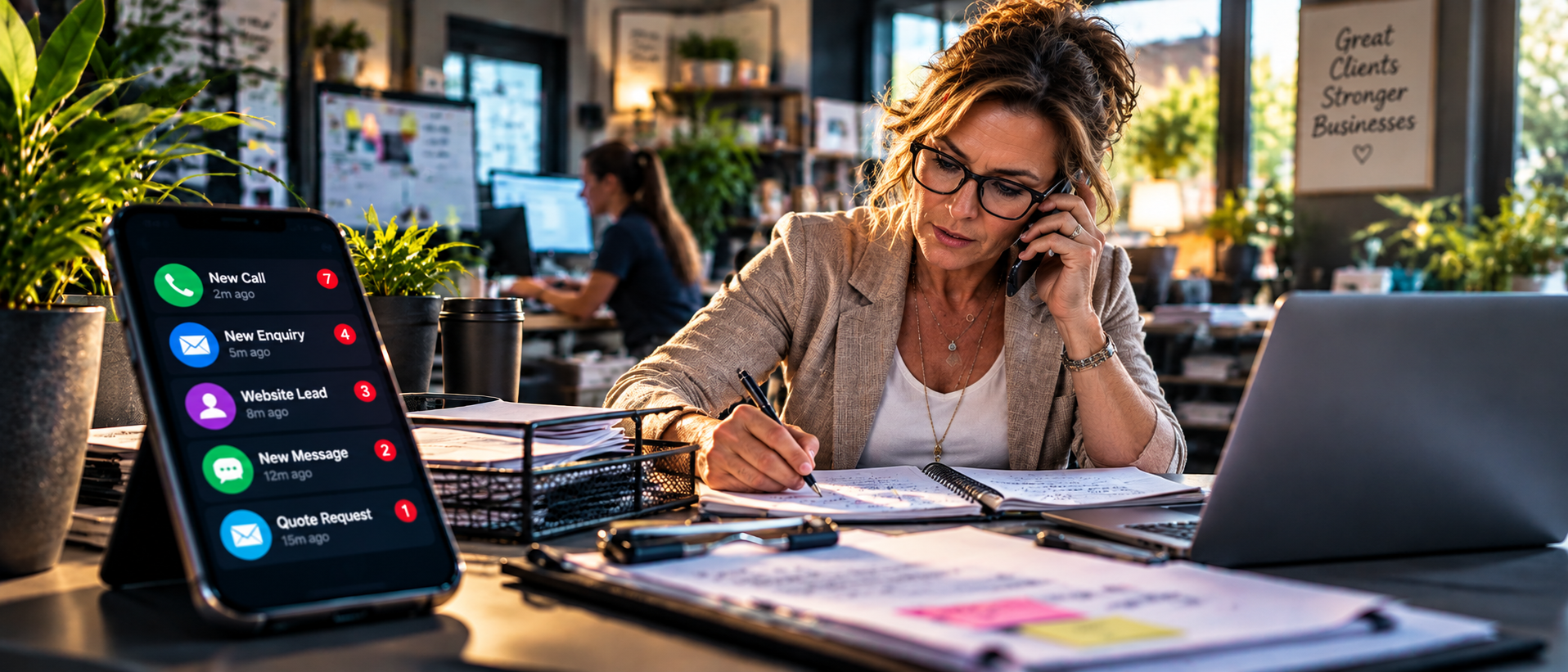 A business owner at a desk reviewing notes and talking on the phone while managing recurring tasks