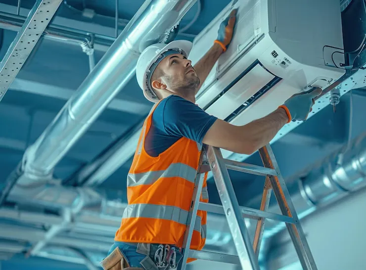 Técnico instalando una unidad de aire acondicionado