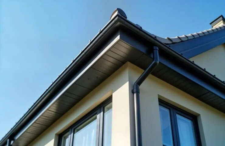 Casa con tejado metálico y sistema de canalones