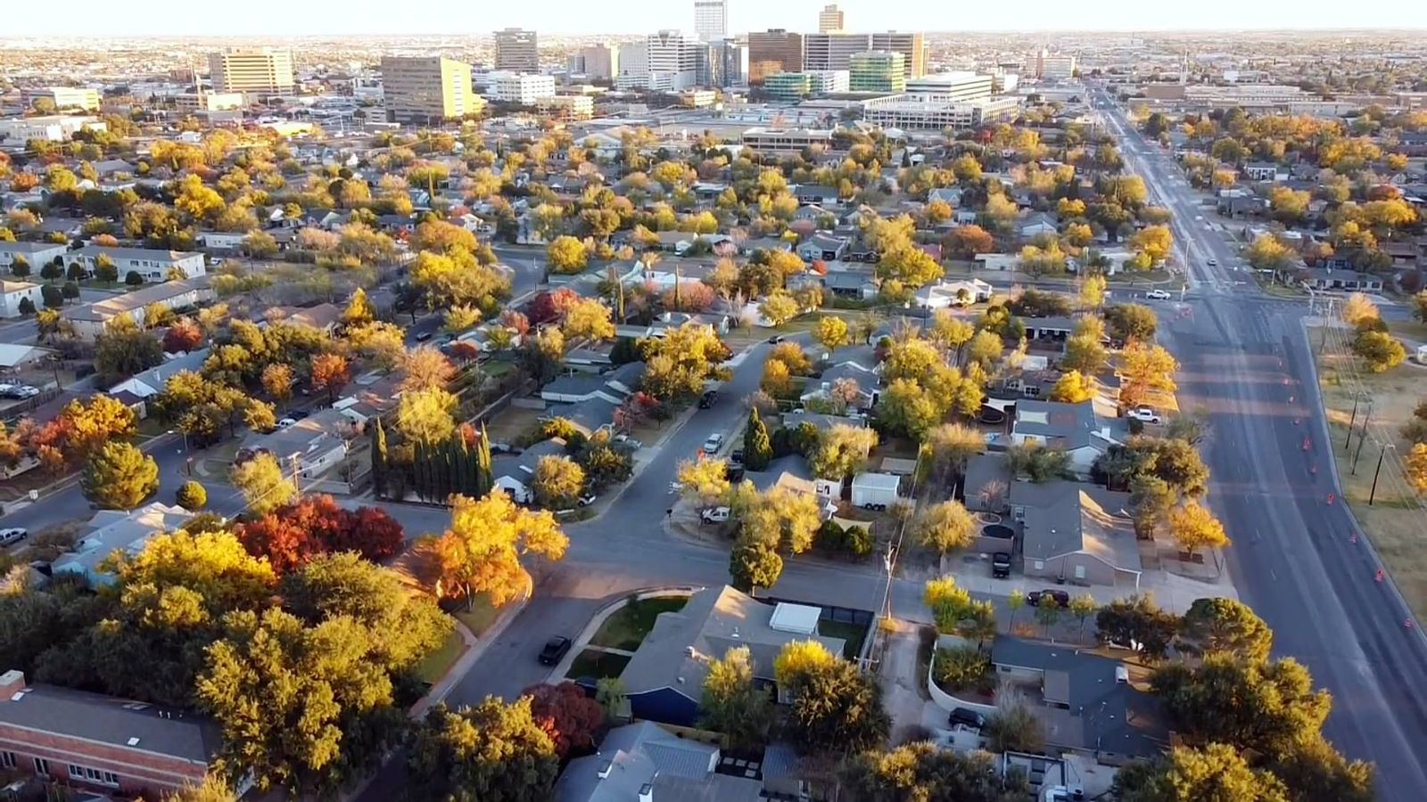 Aerial view over a southwestern neighbourhood at golden hour
