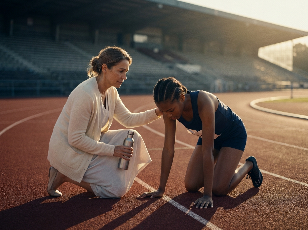 Mère agenouillée sur la piste d'athlétisme près de sa fille effondrée après une course