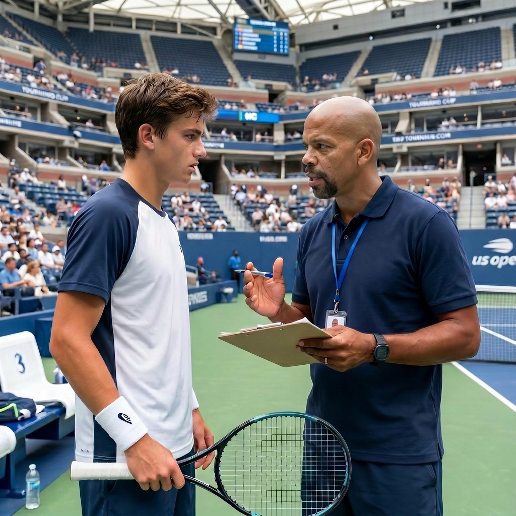 Willy Barclais en situation : échange technique avec un jeune joueur sur un court de grand tournoi