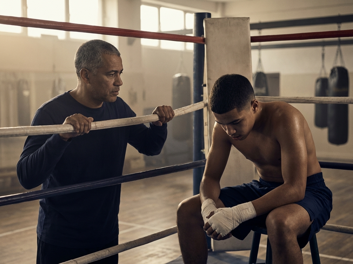 Père debout en dehors des cordes du ring qui regarde son fils boxeur adolescent assis sur un tabouret entre deux rounds