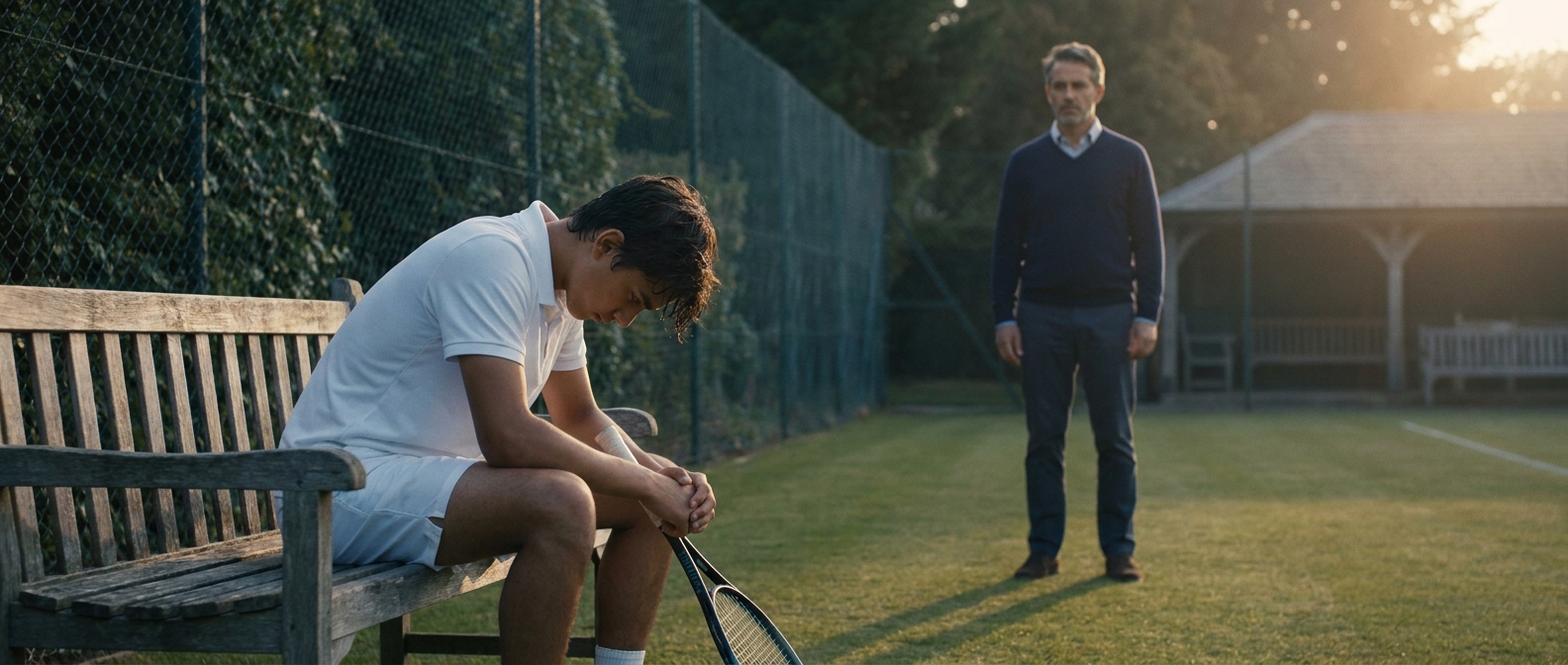 Fils adolescent assis sur le banc avec sa raquette de tennis tombée, son père qui arrive au loin sur le court