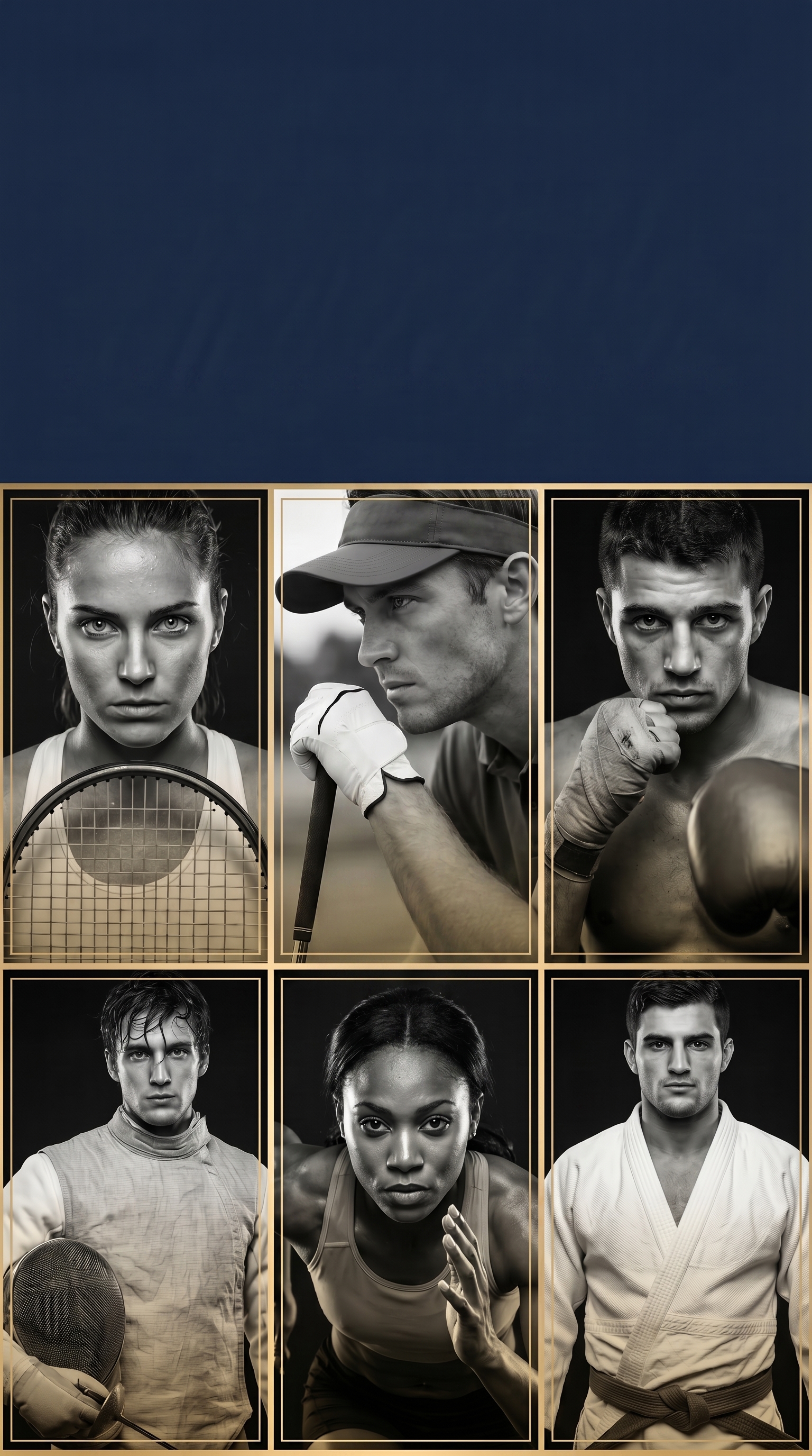 Six portraits éditoriaux d'athlètes (tennis, golf, boxe, escrime, athlétisme, judo) en duotone navy et or.