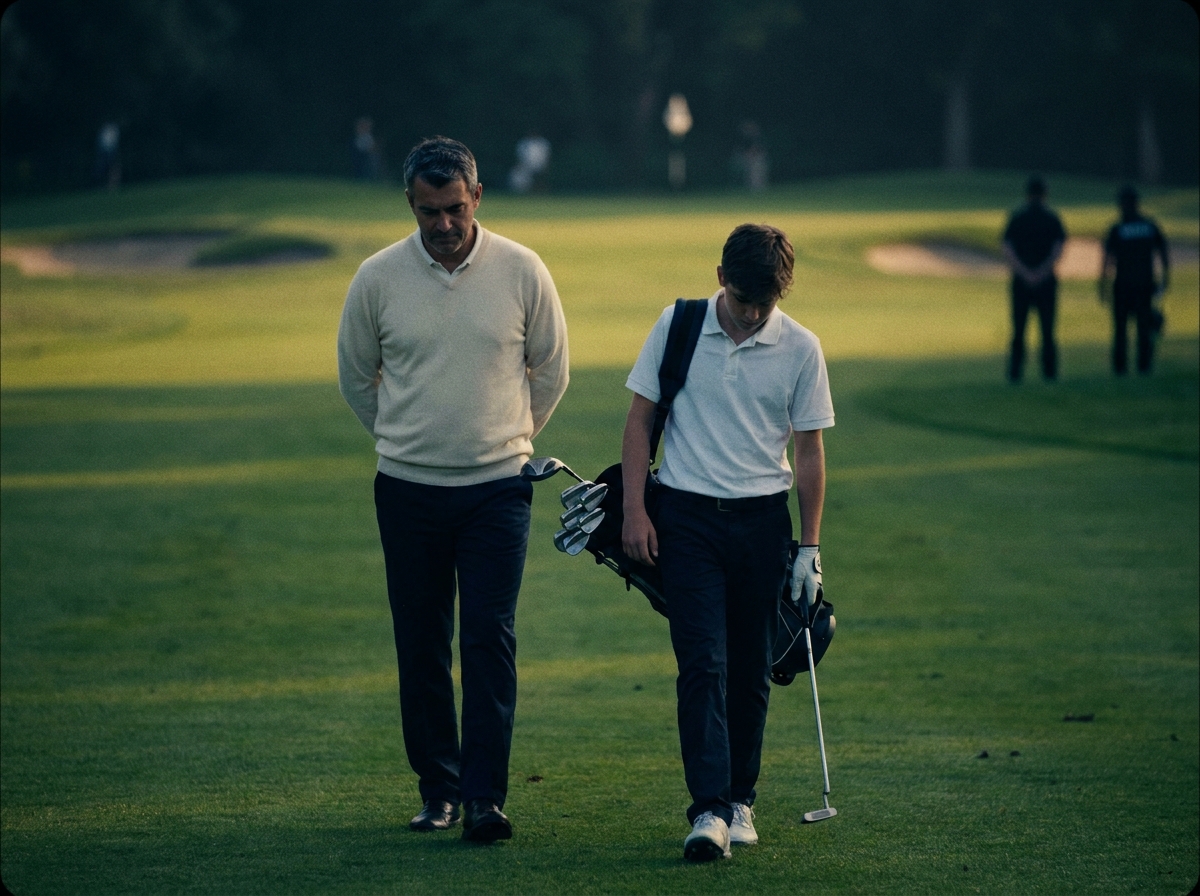 Père qui marche trois mètres derrière son fils adolescent sur un fairway de golf après un putt manqué