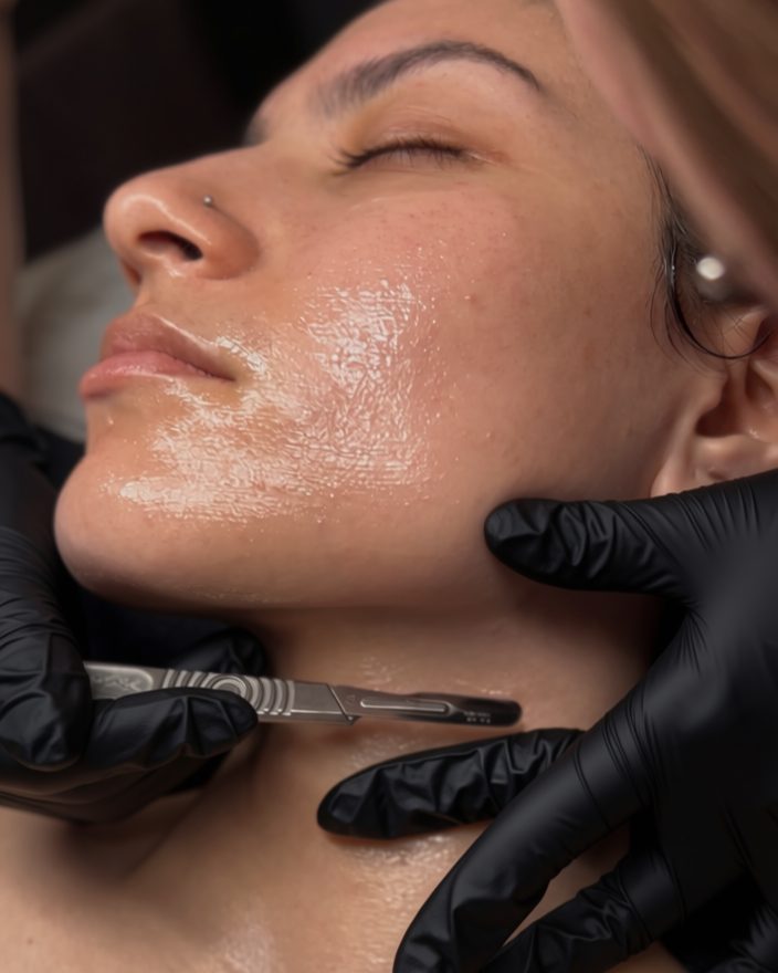 Esthetician dermaplaning a client during an Anti-Aging Facial at Ambiance Spa in Houston