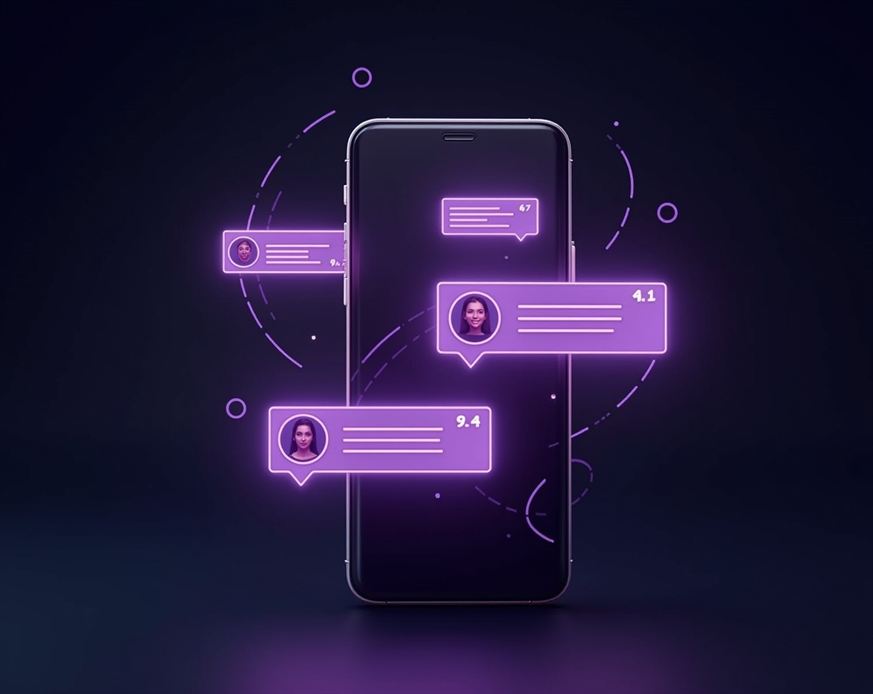 Futuristic AI text chat on smartphone with glowing lavender and violet bubbles