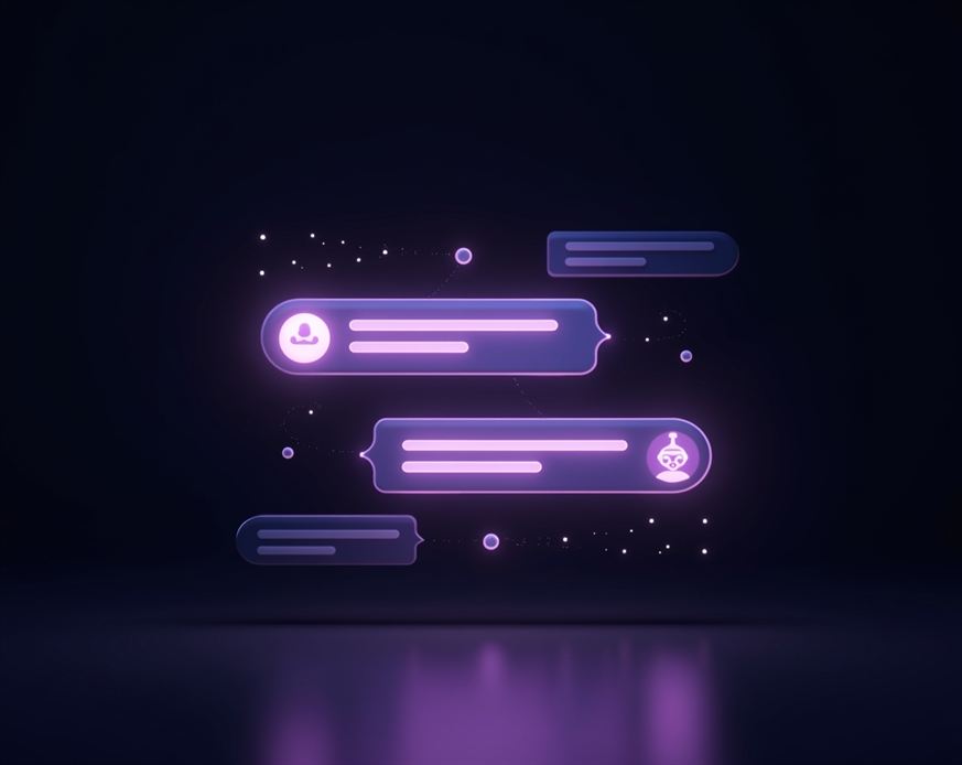 Modern AI chat widget with glowing lavender and violet message bubbles