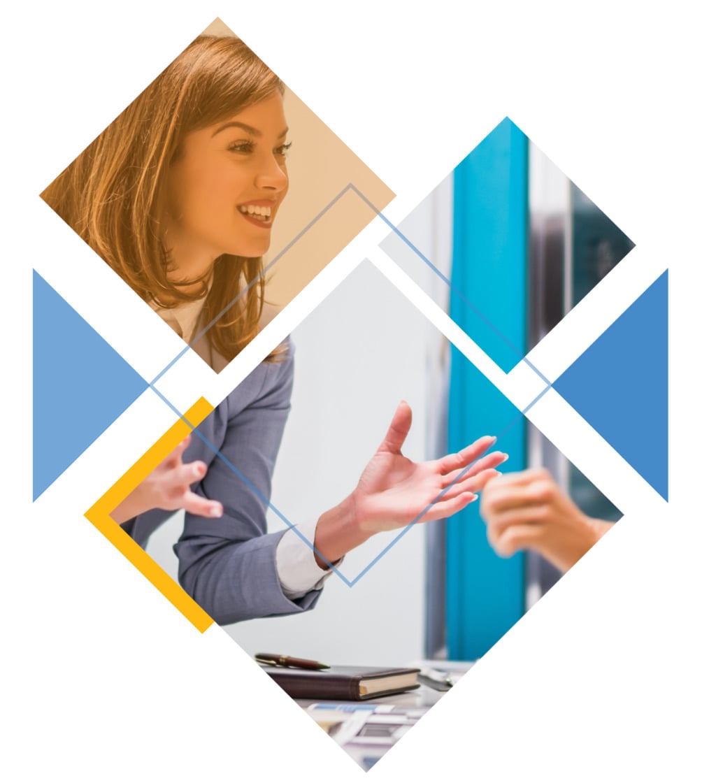 Woman excitedly speaking to coworker. Woman excitedly speaking to coworker.