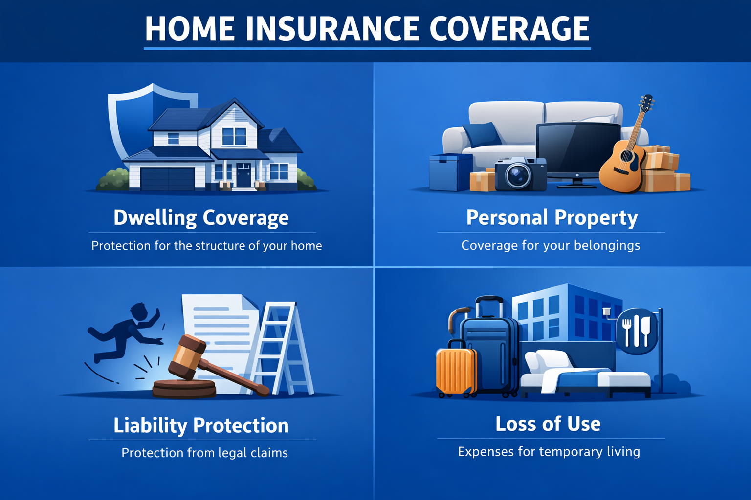 Types of home insurance coverage: dwelling, personal property, liability protection, and loss of use Types of home insurance coverage: dwelling, personal property, liability protection, and loss of use