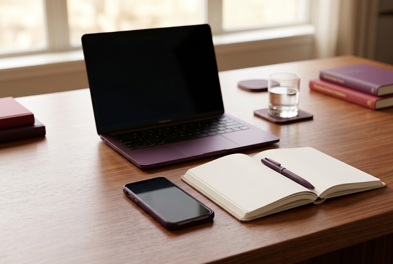 Laptop, phone and planner on a desk