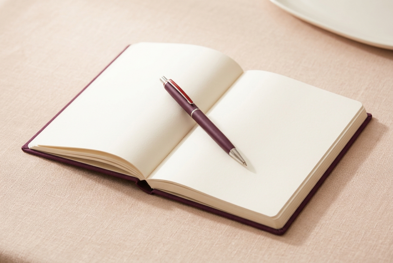 Open notebook with a plum pen