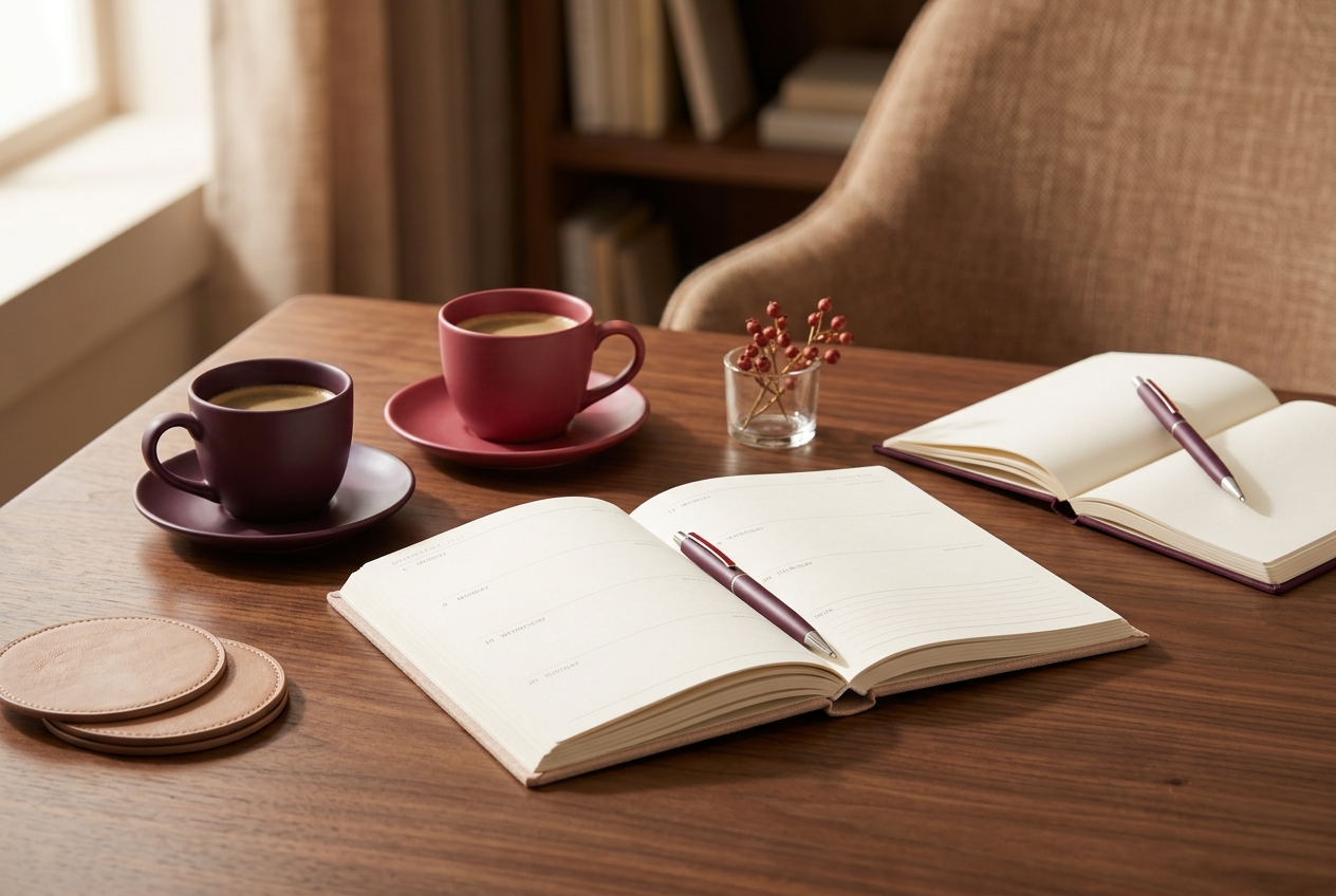 Two coffee cups beside an open planner