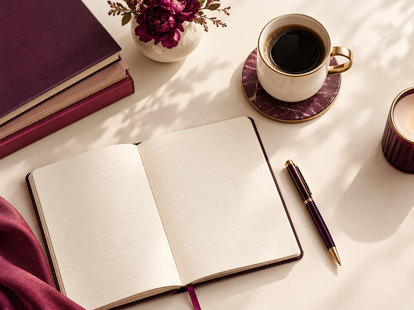 Open journal, pen and coffee on an ivory desk