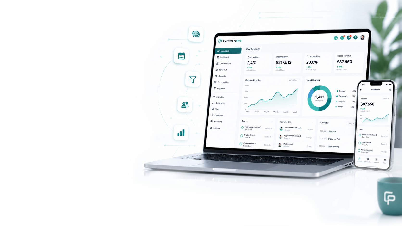 CentralizePro dashboard shown on a laptop and phone