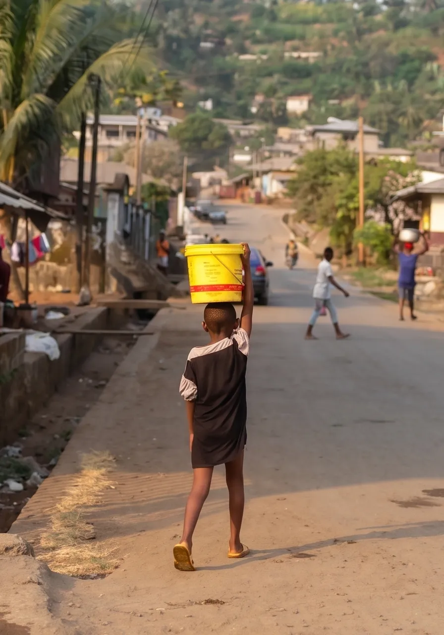 Child carrying a bucket on their head in an African village