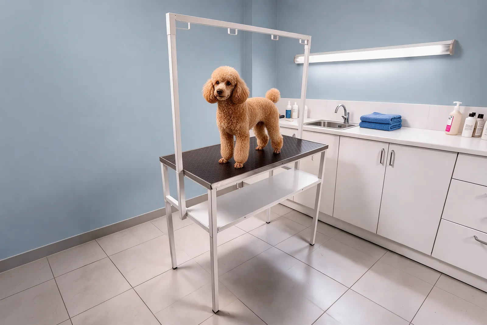 Mesa de peluquería canina con un perro