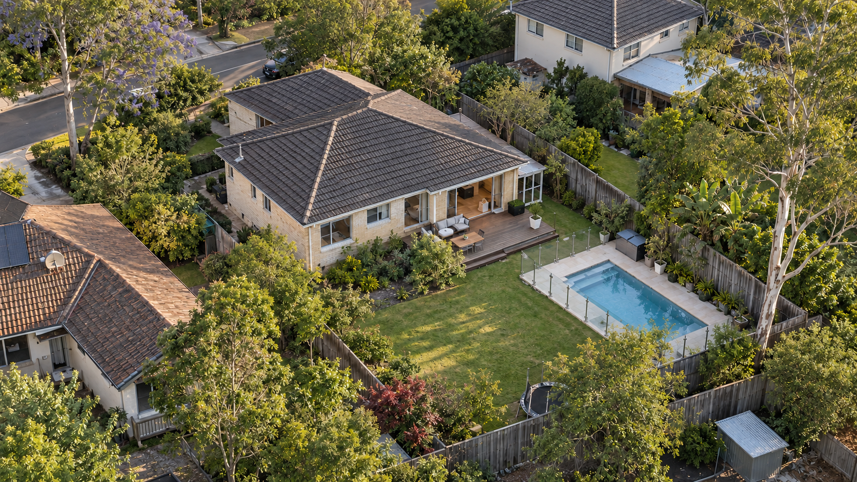 AI-generated illustrative aerial view of a fictional residential property