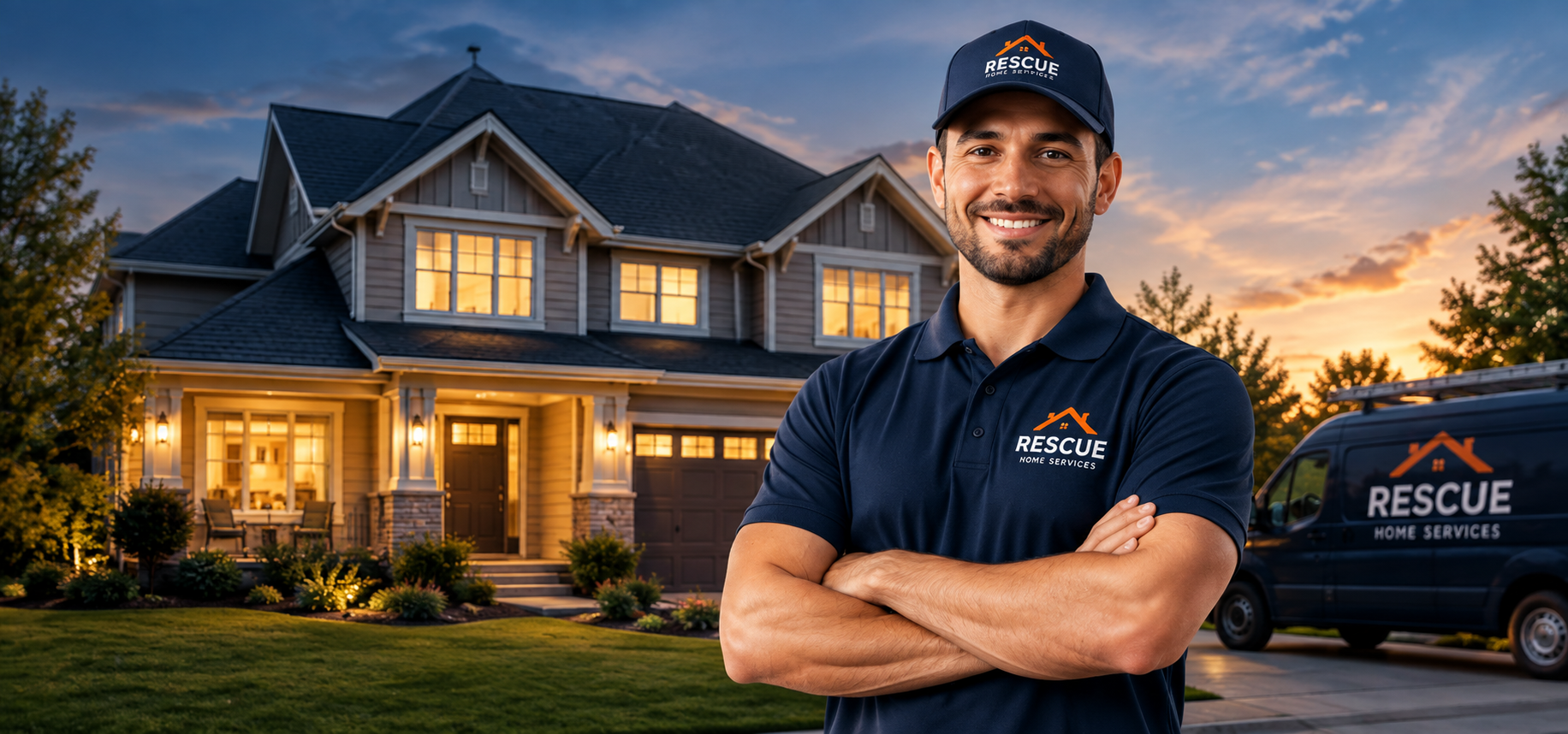 Rescue Home Services professional standing in front of a residential home