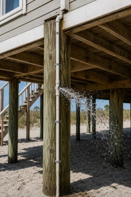 Burst water supply line spraying beside a raised piling house in Southport, NC