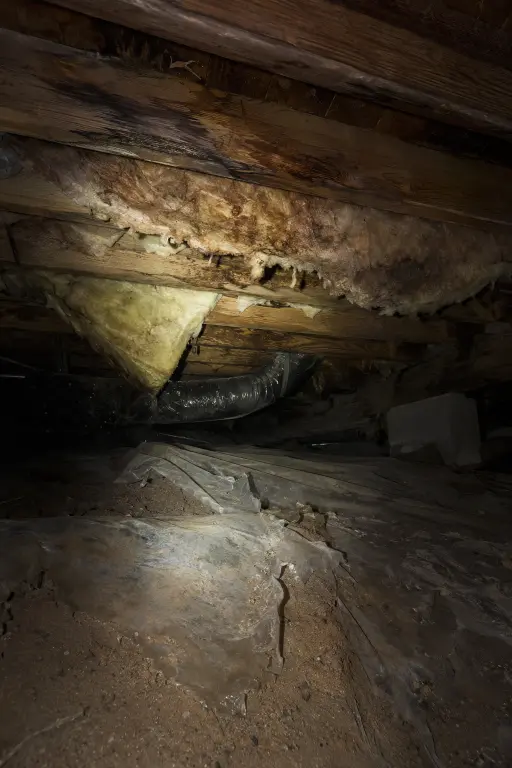 Moisture-damaged crawl space with sagging insulation beneath a Southport, NC home