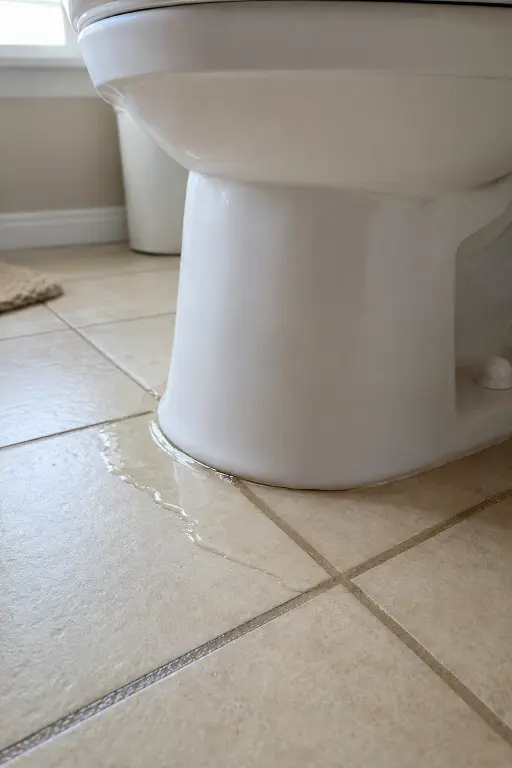 Clear water leaking from beneath a toilet onto beige bathroom tile in a home in Southport, NC