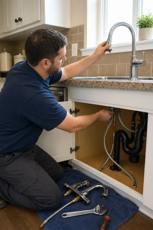 Plumber replacing a kitchen faucet and supply lines in a Southport, NC home