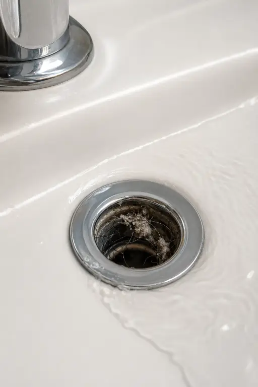 Clogged bathroom sink drain with slow-draining water, Southport, NC drain cleaning service
