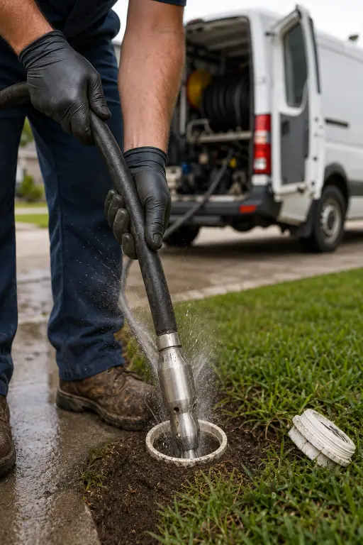 High-pressure hydro jetting hose clearing a sewer line, Southport, NC hydro jetting service