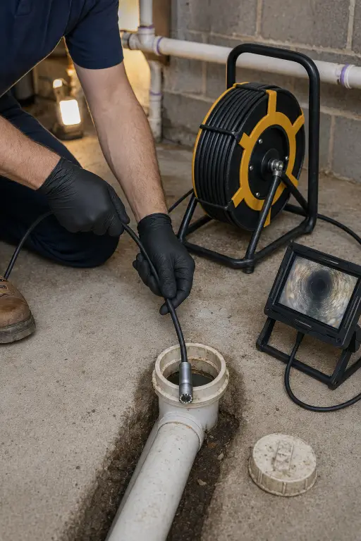 Drain inspection camera reel positioned at a sewer cleanout, Southport, NC drain camera inspection