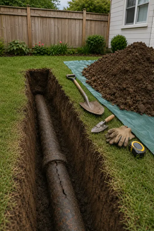 xcavated backyard trench exposing a cracked sewer pipe, Southport, NC sewer line repair