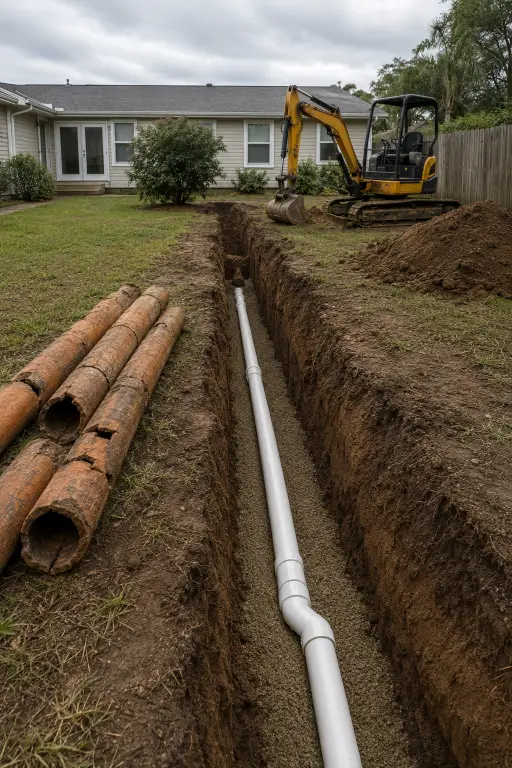 Backyard excavation site with new sewer pipe laid in an open trench, Southport, NC sewer line replacement
