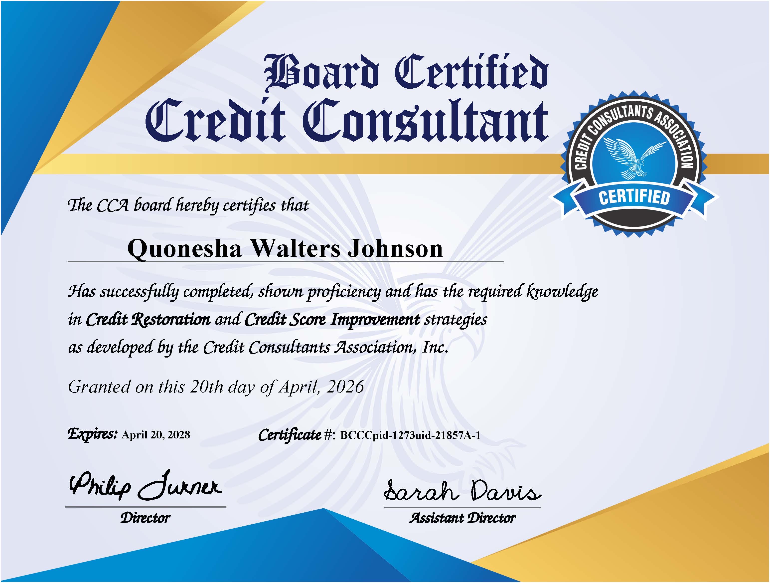Board Certified Credit Consultant certificate