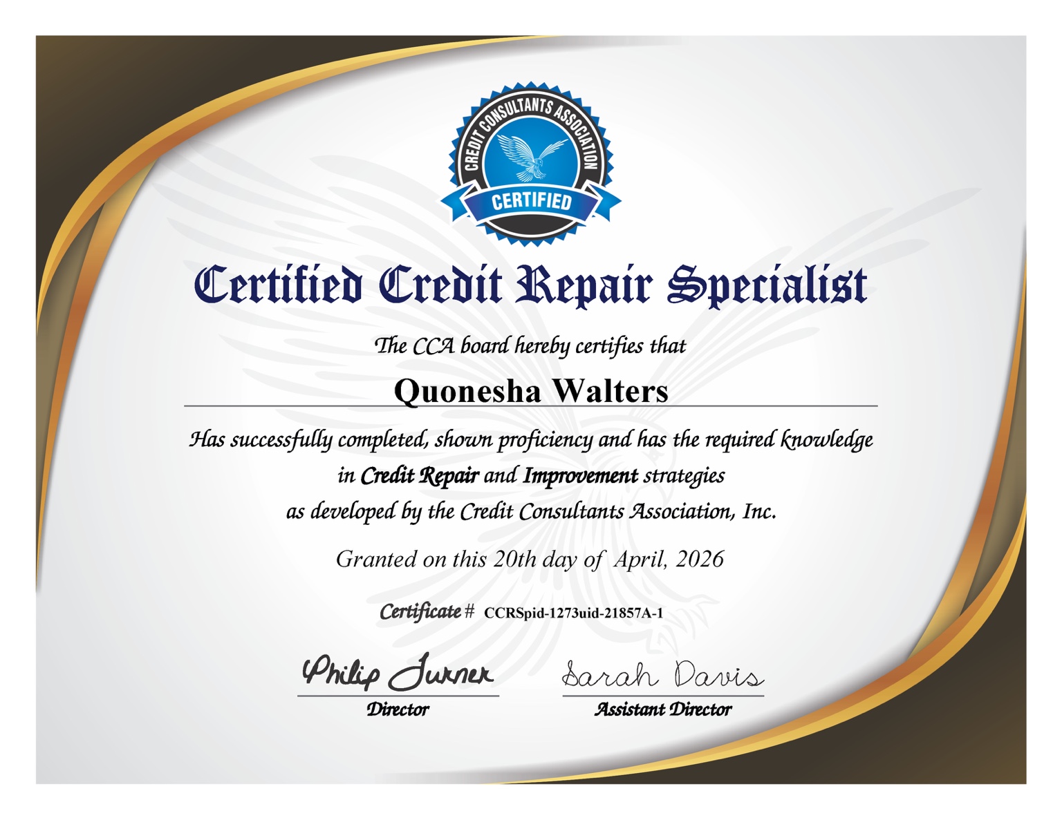 Certified Credit Repair Specialist certificate