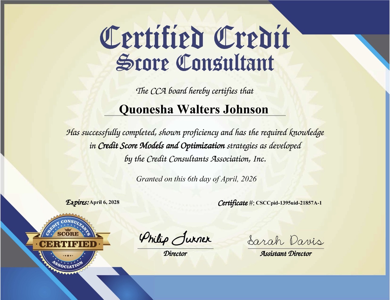 Certified Credit Score Consultant certificate